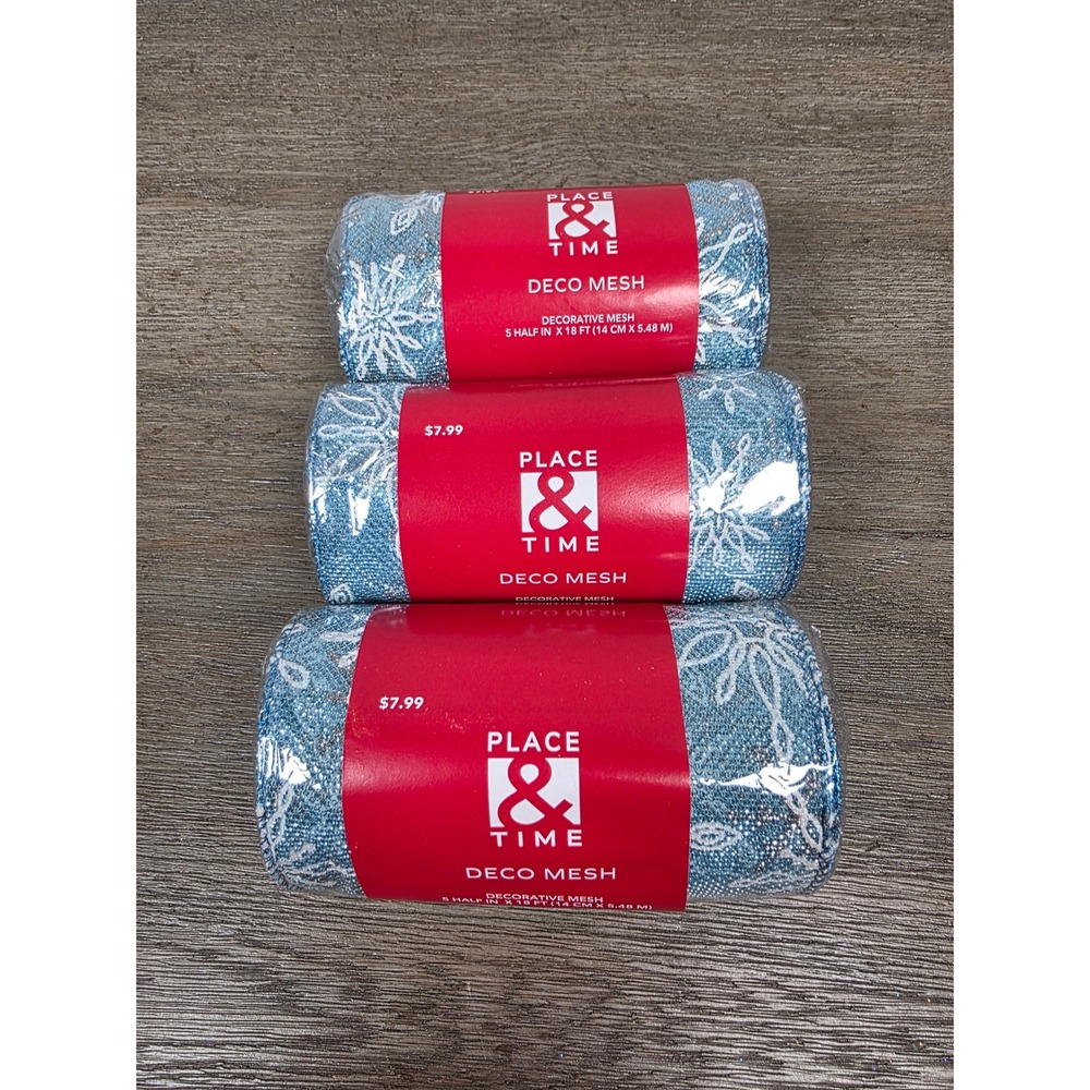 Lot of Three (3) Rolls of Blue White Snowflake Deco Mesh Place & Time NEW